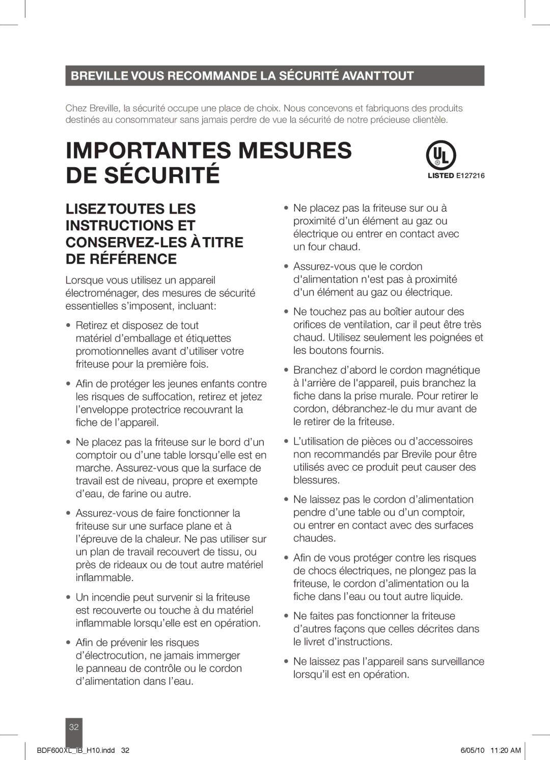 Breville BDF600XL manual Importantes Mesures DE Sécurité, Breville Vous Recommande LA Sécurité Avanttout 