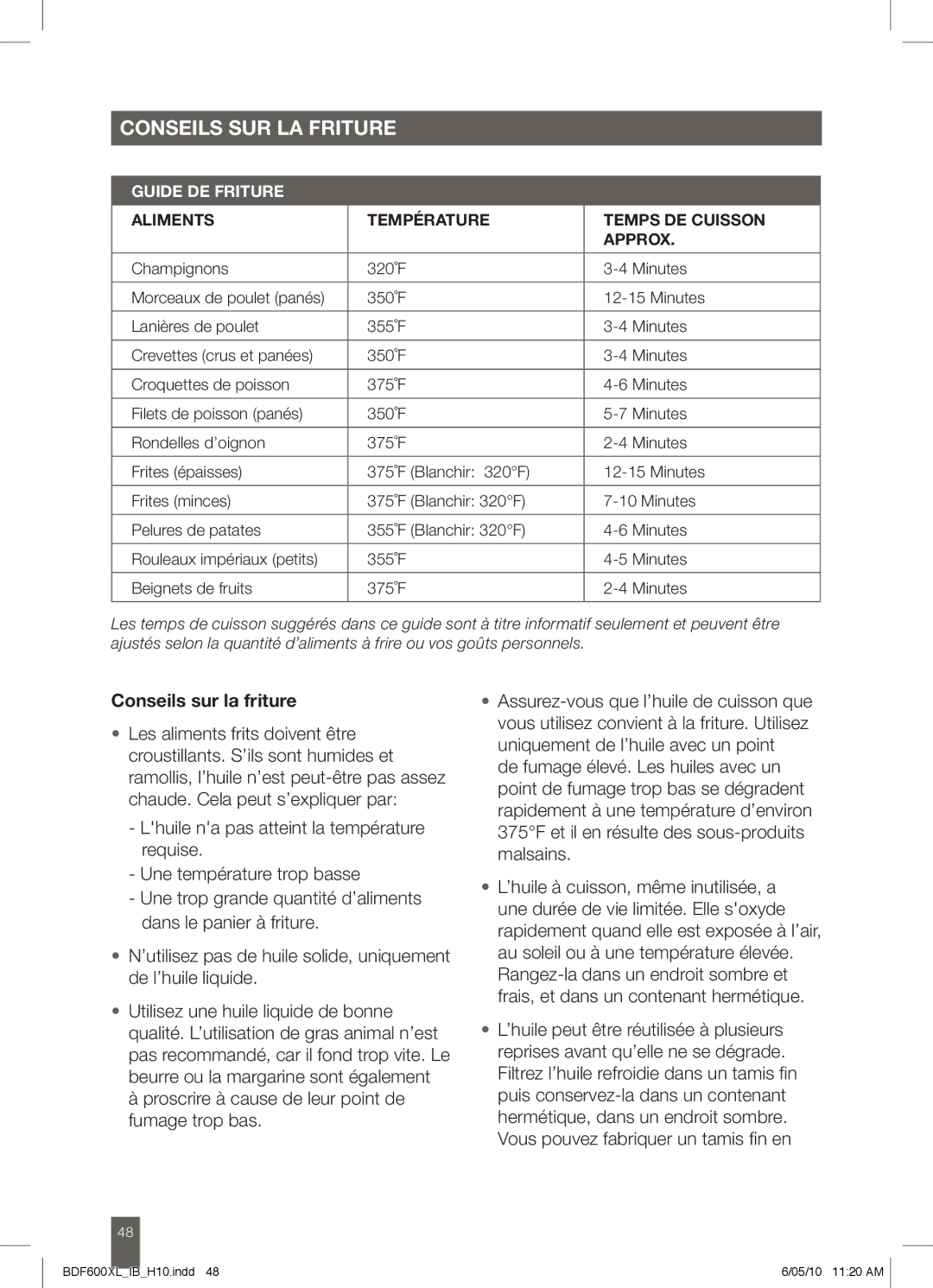 Breville BDF600XL manual Conseils SUR LA Friture, Conseils sur la friture 