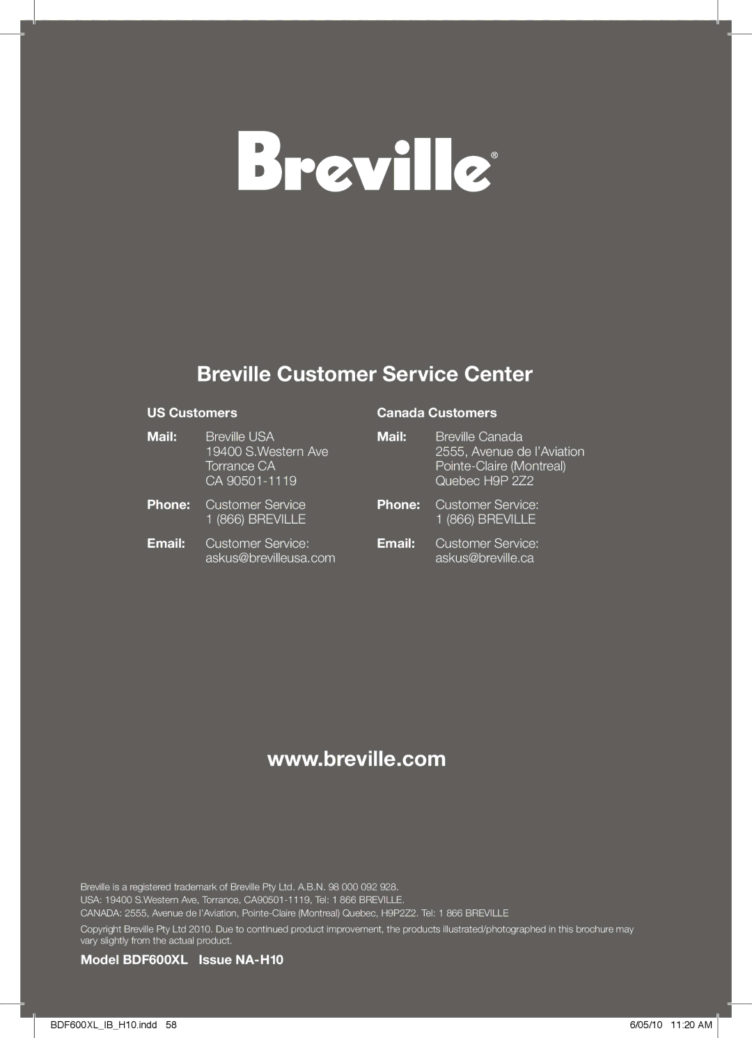 Breville BDF600XL manual Breville Customer Service Center 