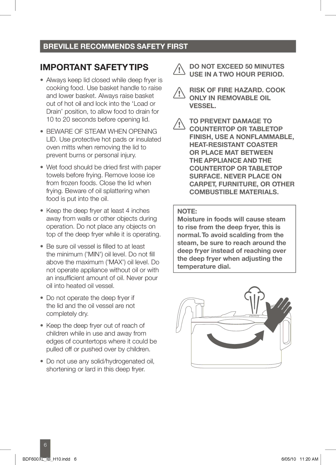 Breville BDF600XL manual Important safetytips 