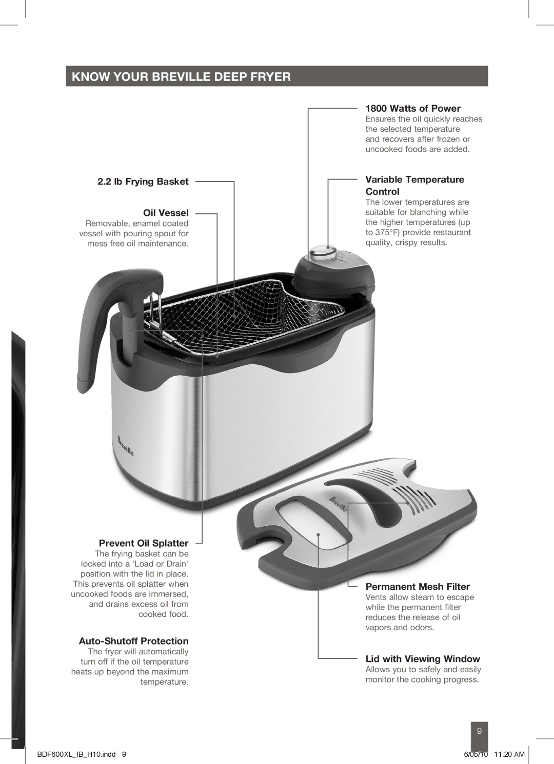 Breville BDF600XL manual Know Your Breville deep fryer 