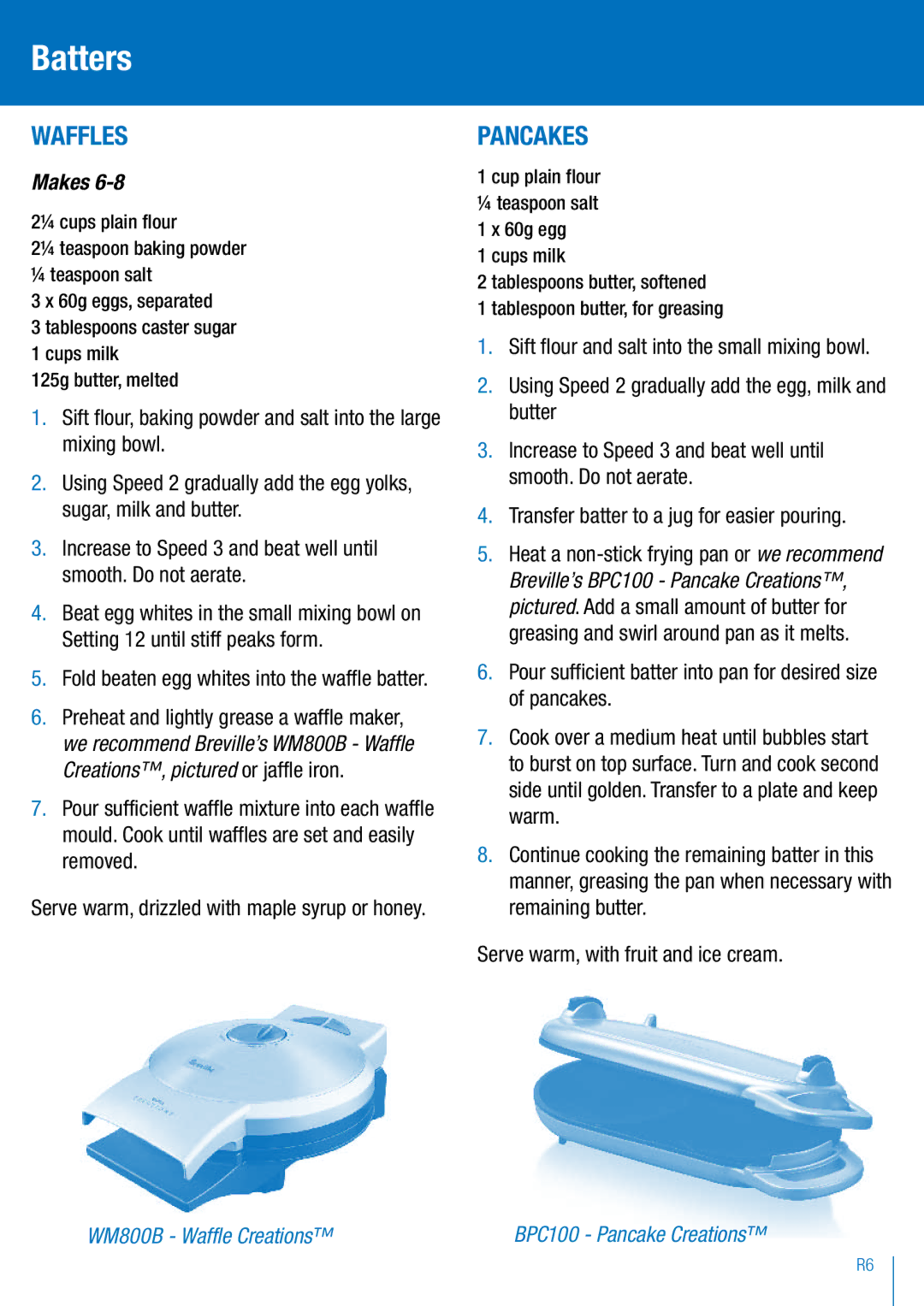 Breville BEM200 manual Waffles, Pancakes 