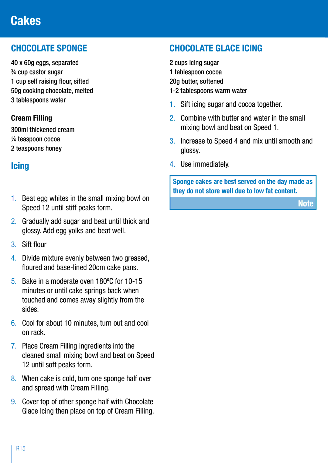 Breville BEM200 manual Chocolate Sponge, Chocolate Glace Icing, Sift icing sugar and cocoa together 