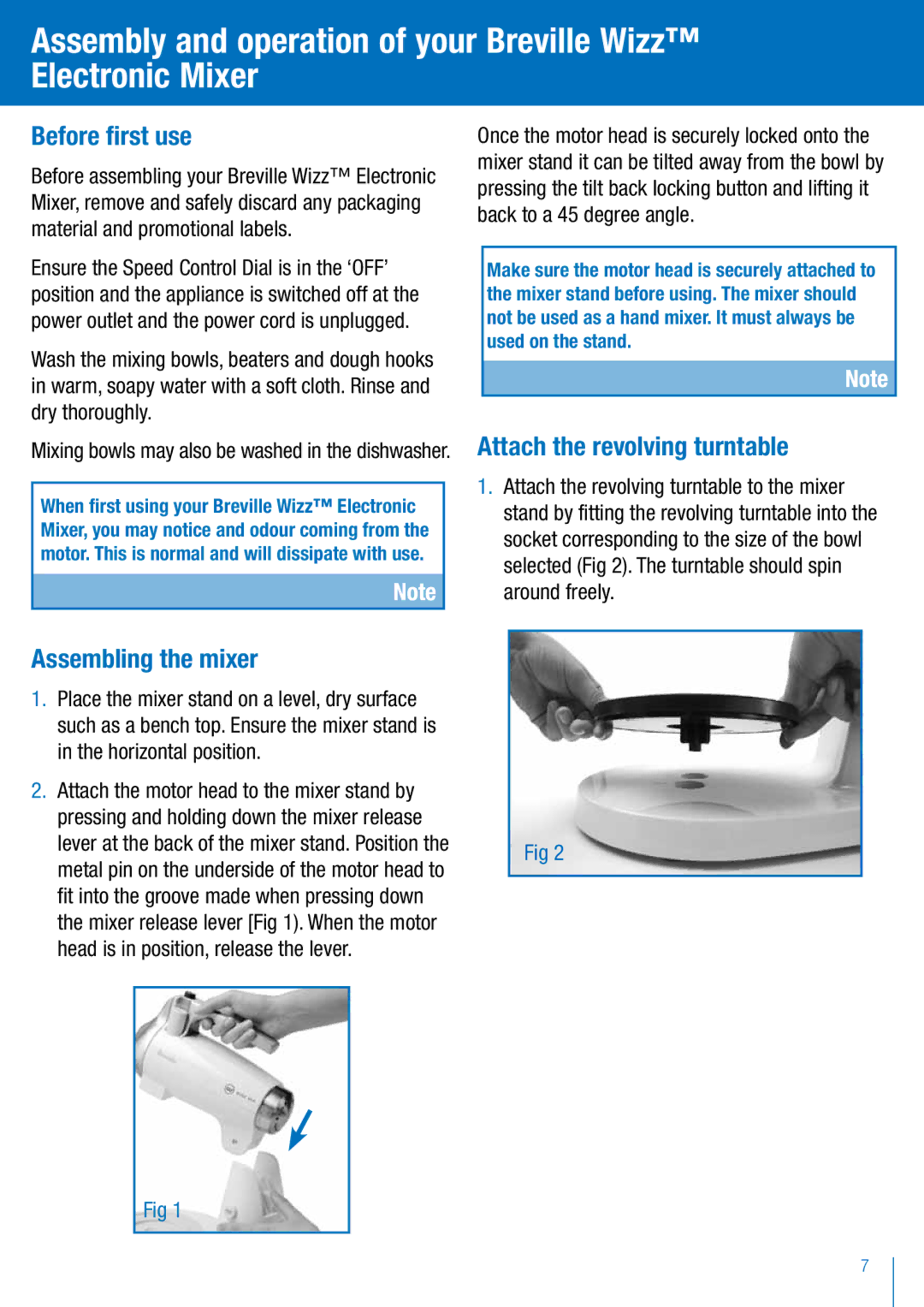 Breville BEM200 manual Before first use, Attach the revolving turntable, Assembling the mixer 