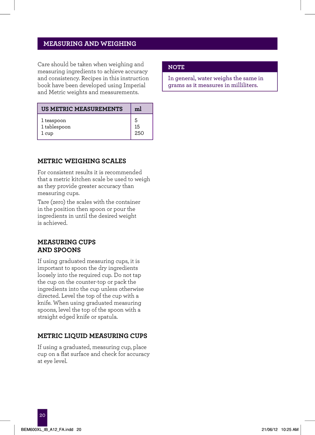 Breville BEM600XL manual Metric weighing scales, Measuring cups and spoons, Metric liquid measuring Cups 