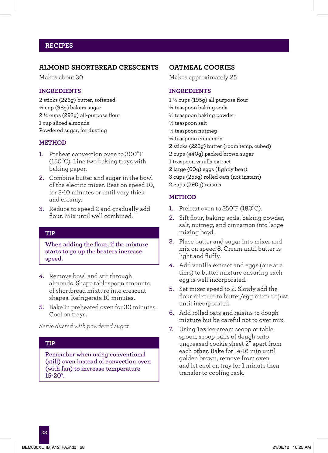 Breville BEM600XL manual Almond Shortbread Crescents, Oatmeal Cookies 