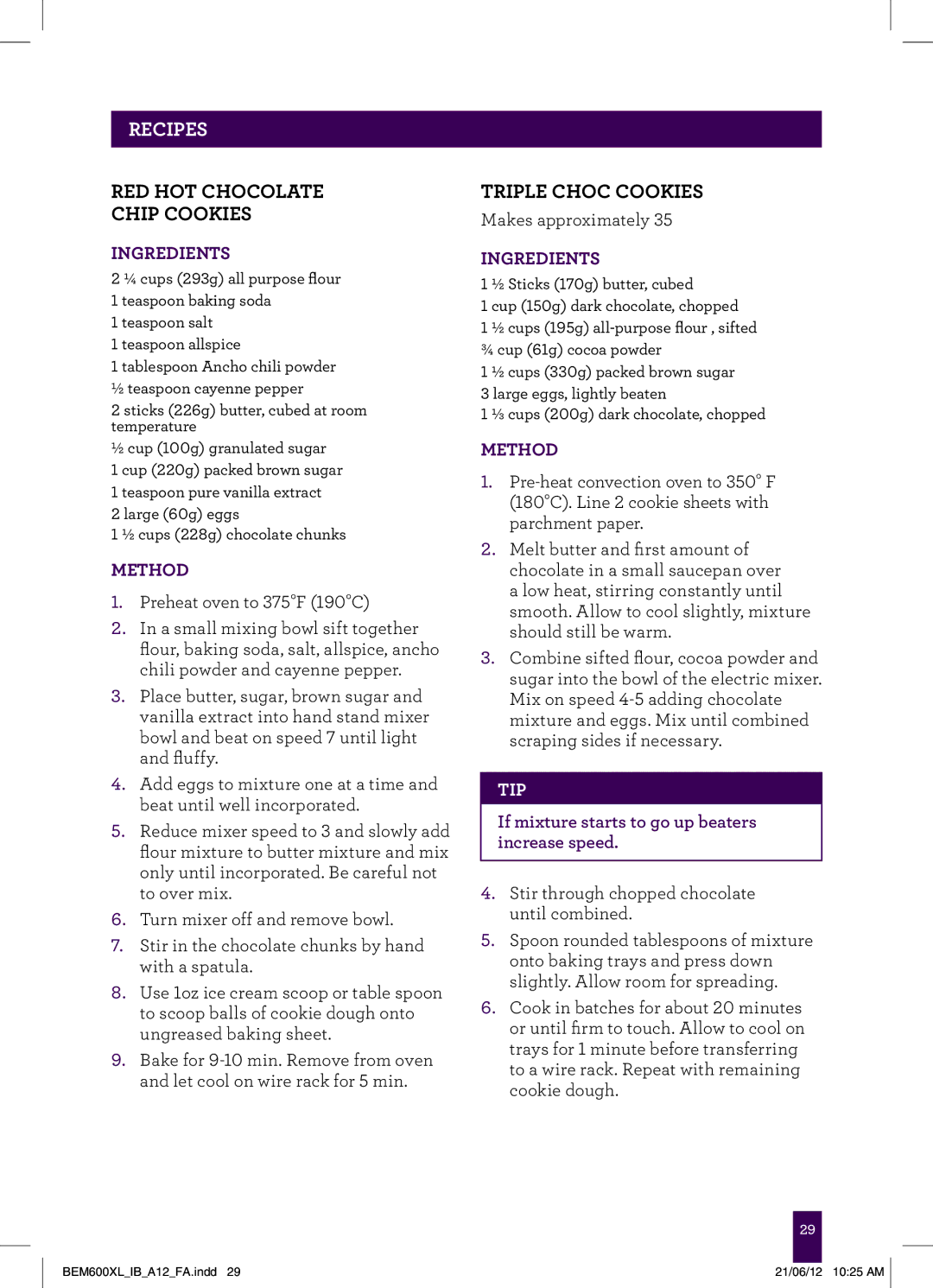 Breville BEM600XL manual Red Hot Chocolate Chip Cookies, Triple Choc Cookies 