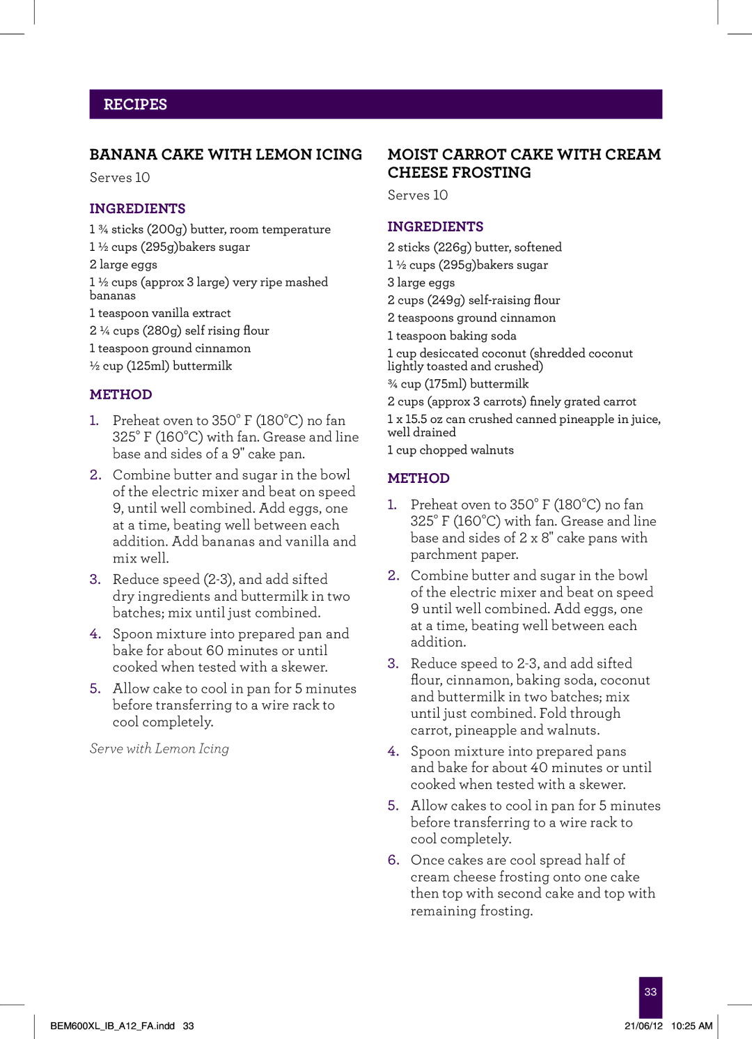 Breville BEM600XL manual Banana Cake with Lemon Icing, Moist Carrot Cake with Cream Cheese Frosting 