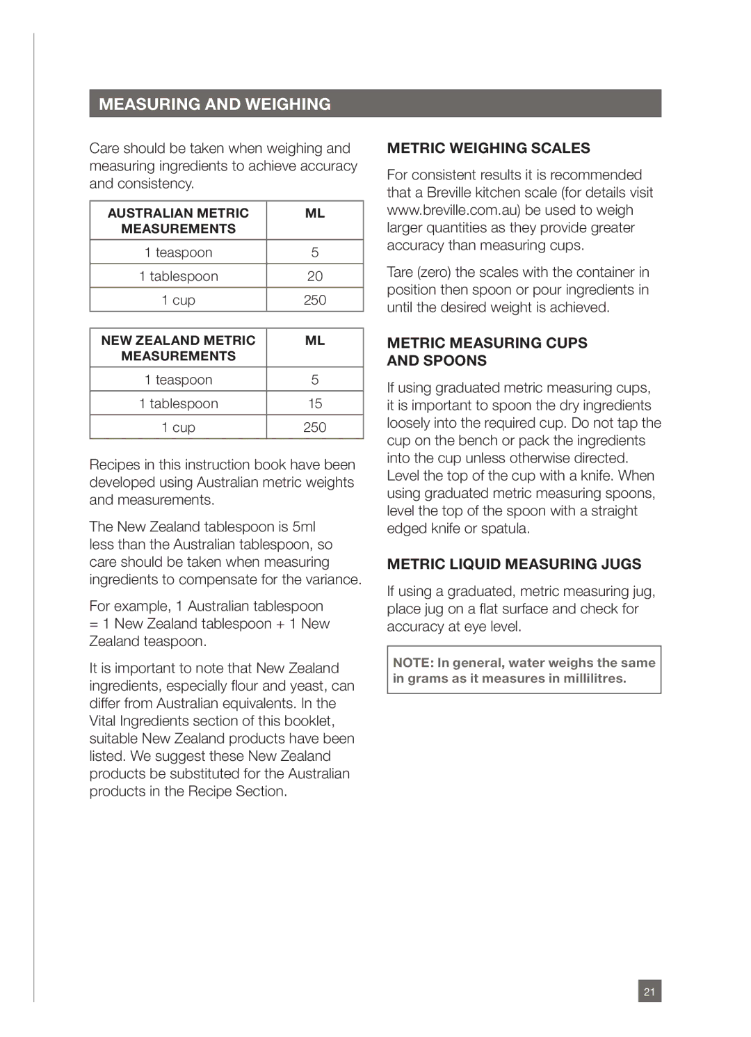 Breville BEM800 manual Measuring and Weighing, Metric weighing scales, Metric measuring cups and spoons 
