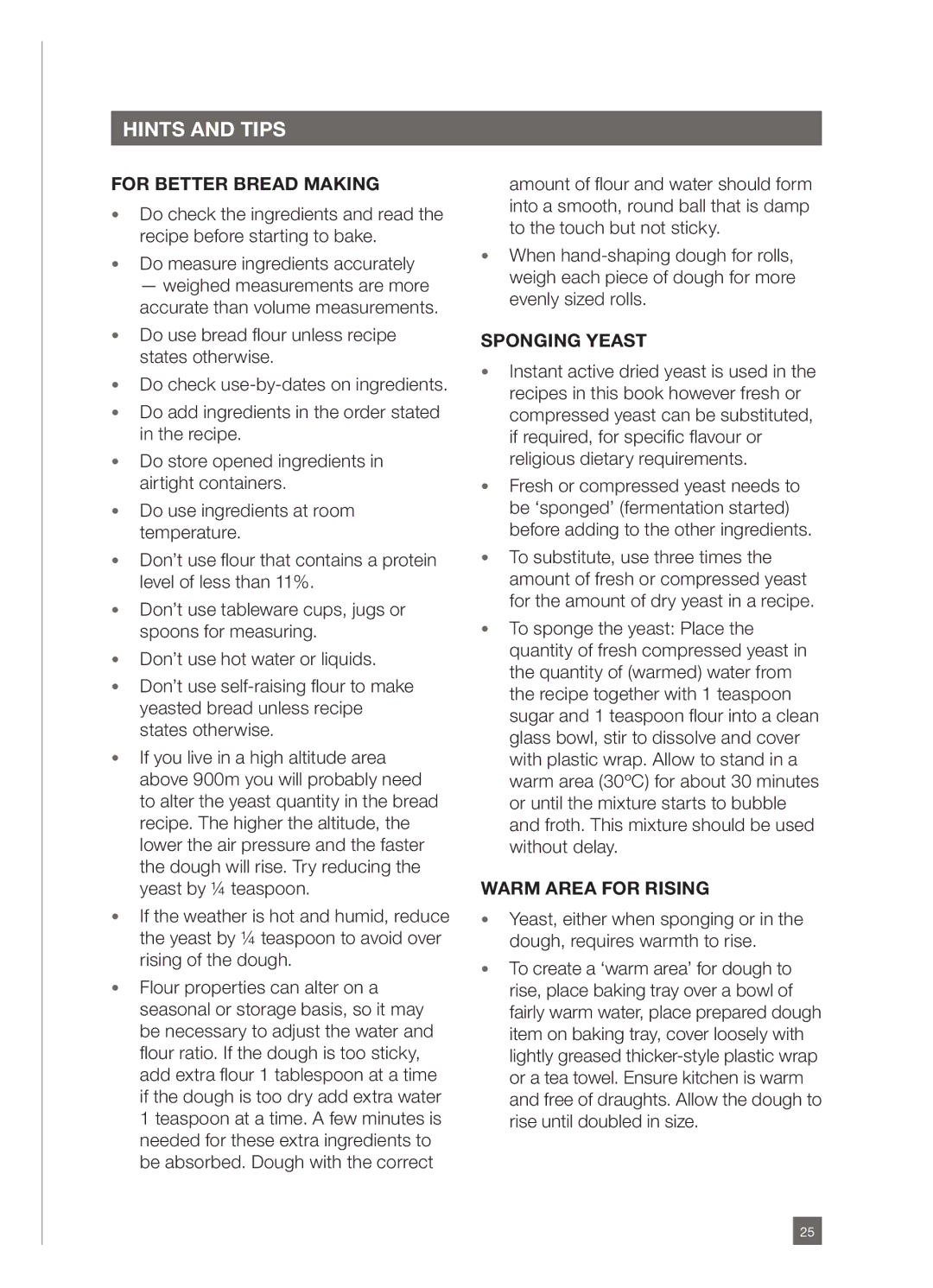 Breville BEM800 manual Hints and tips, For better bread making, Sponging yeast, Warm area for rising 