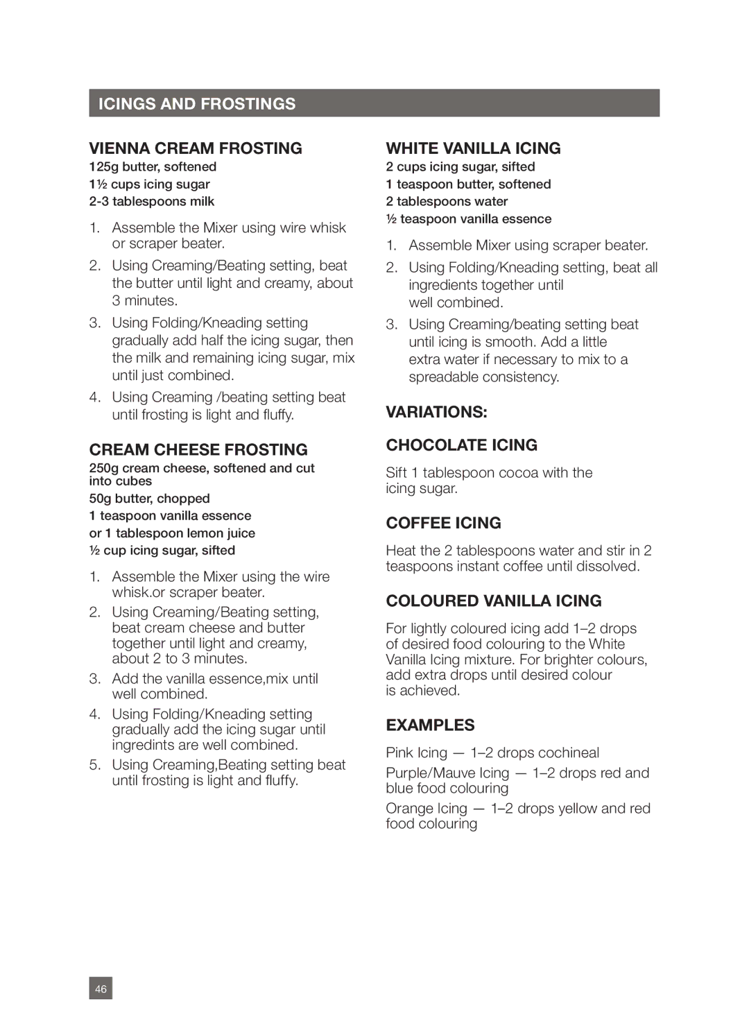 Breville BEM800 manual Icings and Frostings 