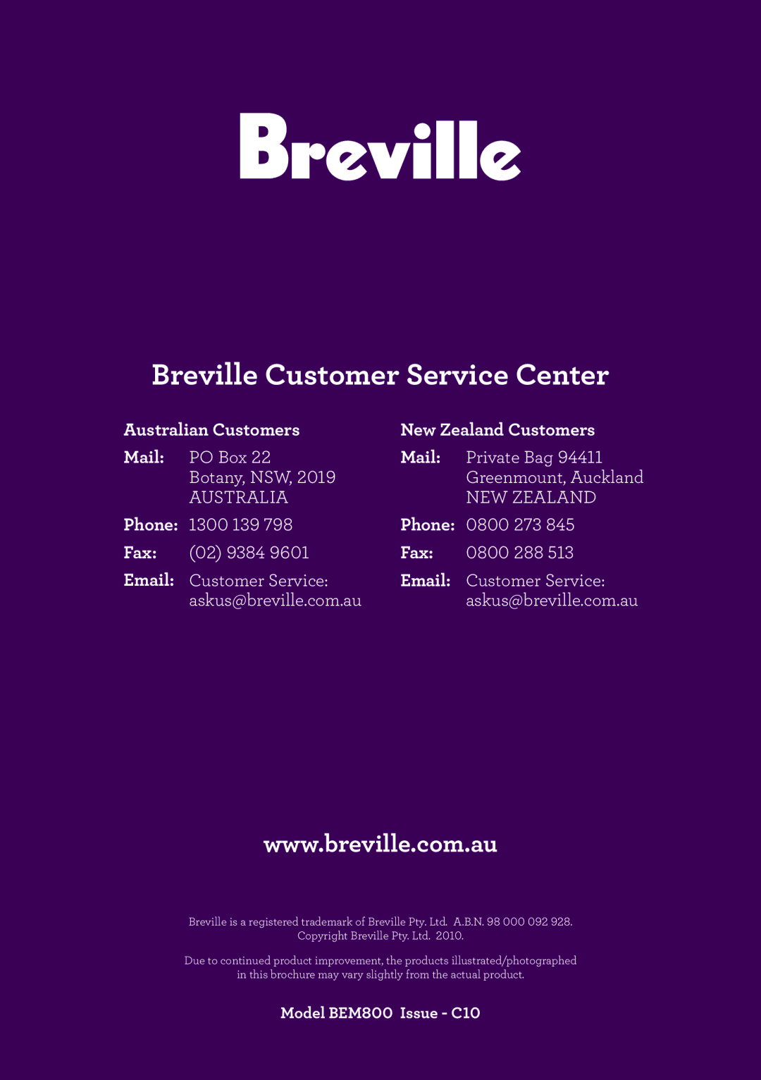 Breville BEM800 brochure Breville Customer Service Center 