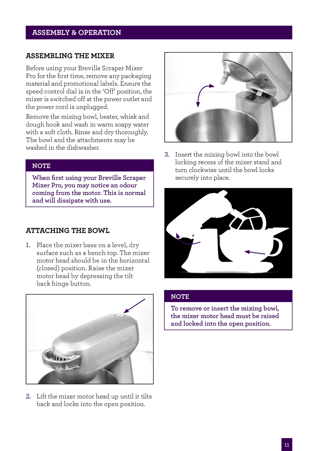 Breville BEM800 brochure Assembling the mixer, Attaching the bowl 