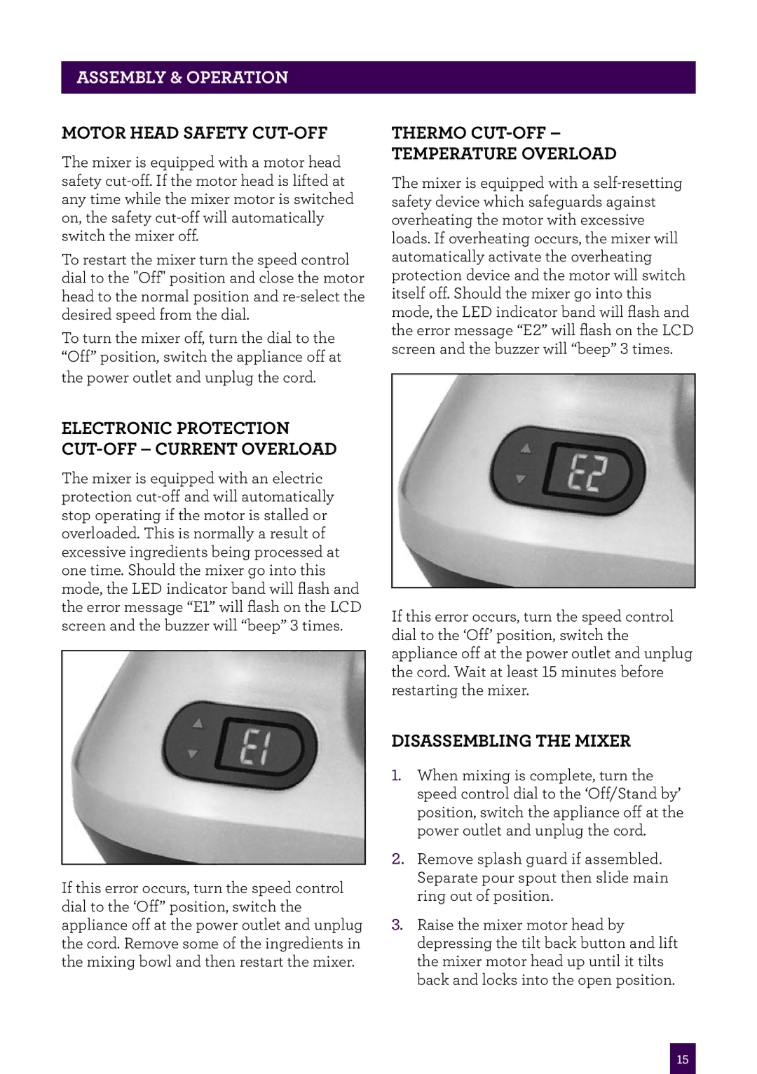 Breville BEM800 brochure Motor Head Safety CUT-OFF, Electronic Protection CUT-OFF Current Overload, Disassembling the mixer 