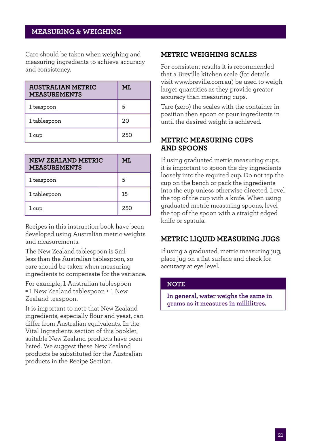 Breville BEM800 brochure Metric weighing scales, Metric measuring cups and spoons, Metric liquid measuring jugs 