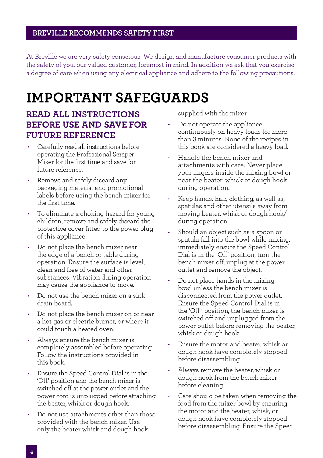 Breville BEM800 brochure Important safeguards 