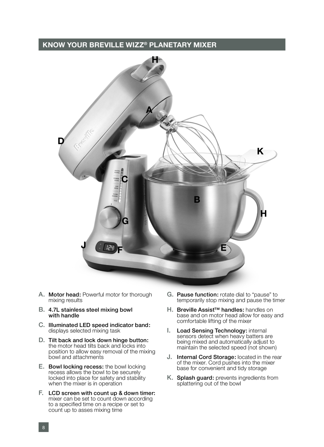 Breville BEM800 manual H A D, Know Your Breville Wizz Planetary Mixer 
