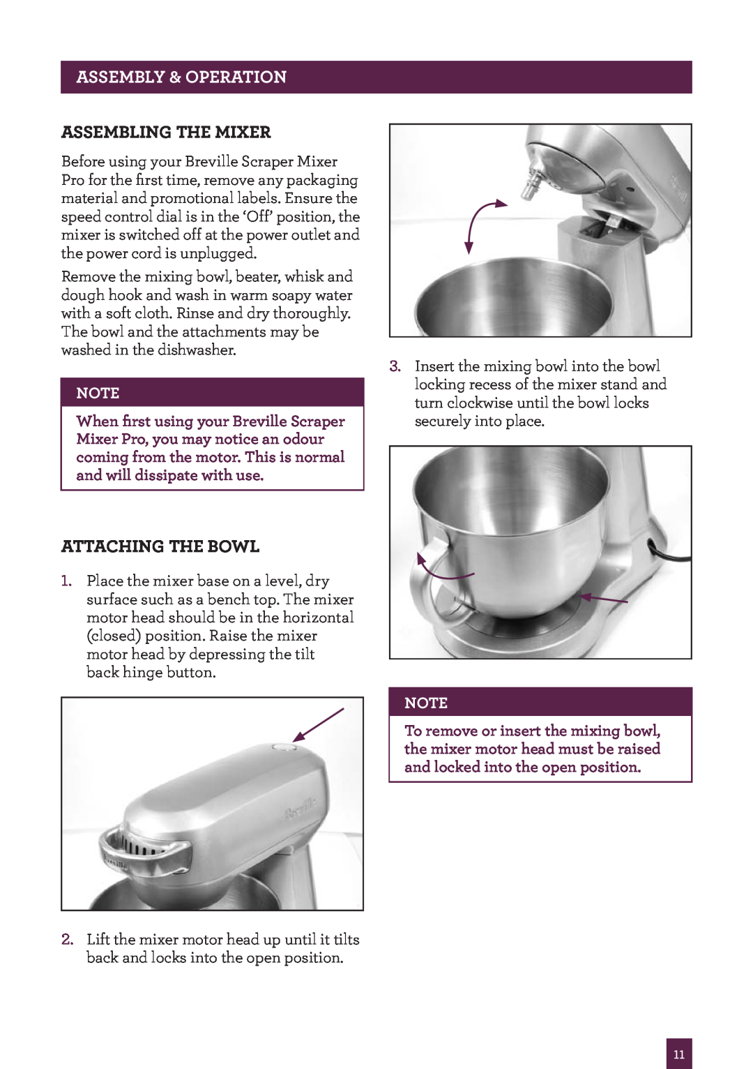Breville BEM800 brochure Assembly & Operation, Assembling the mixer, Attaching the bowl 