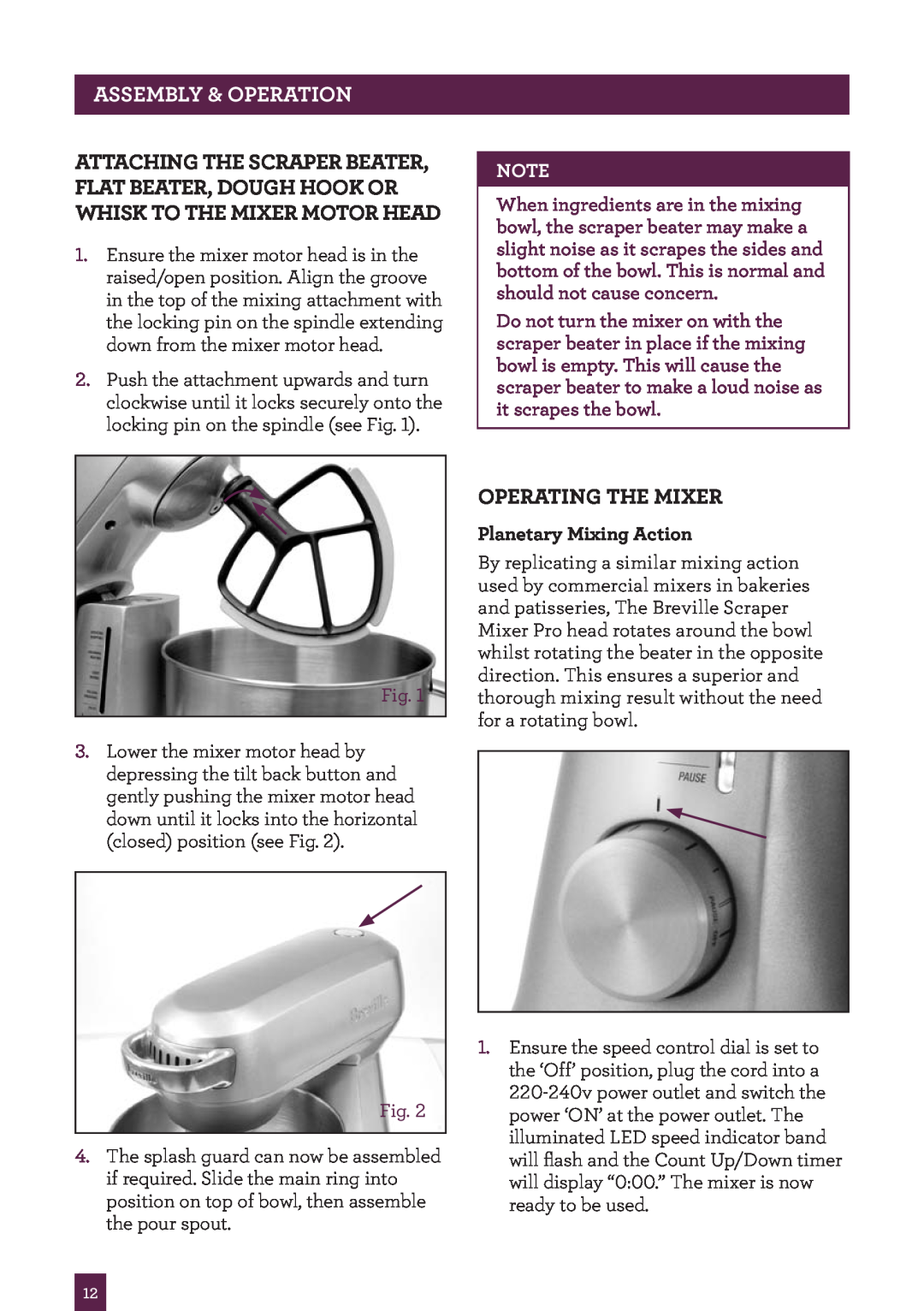 Breville BEM800 brochure Attaching the scraper beater, FLAT BEATER, DOUGH HOOK OR WHISK to the mixer motor head 