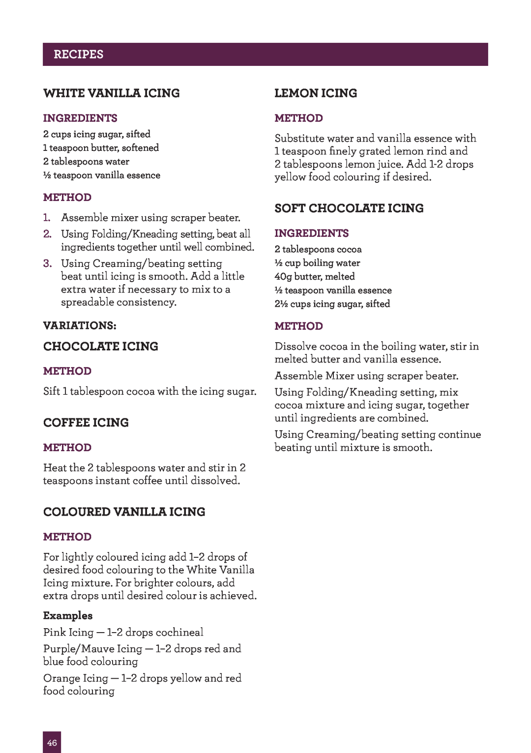 Breville BEM800 White Vanilla Icing, Chocolate Icing, Coffee Icing, Coloured Vanilla Icing, Lemon Icing, Recipes, Method 