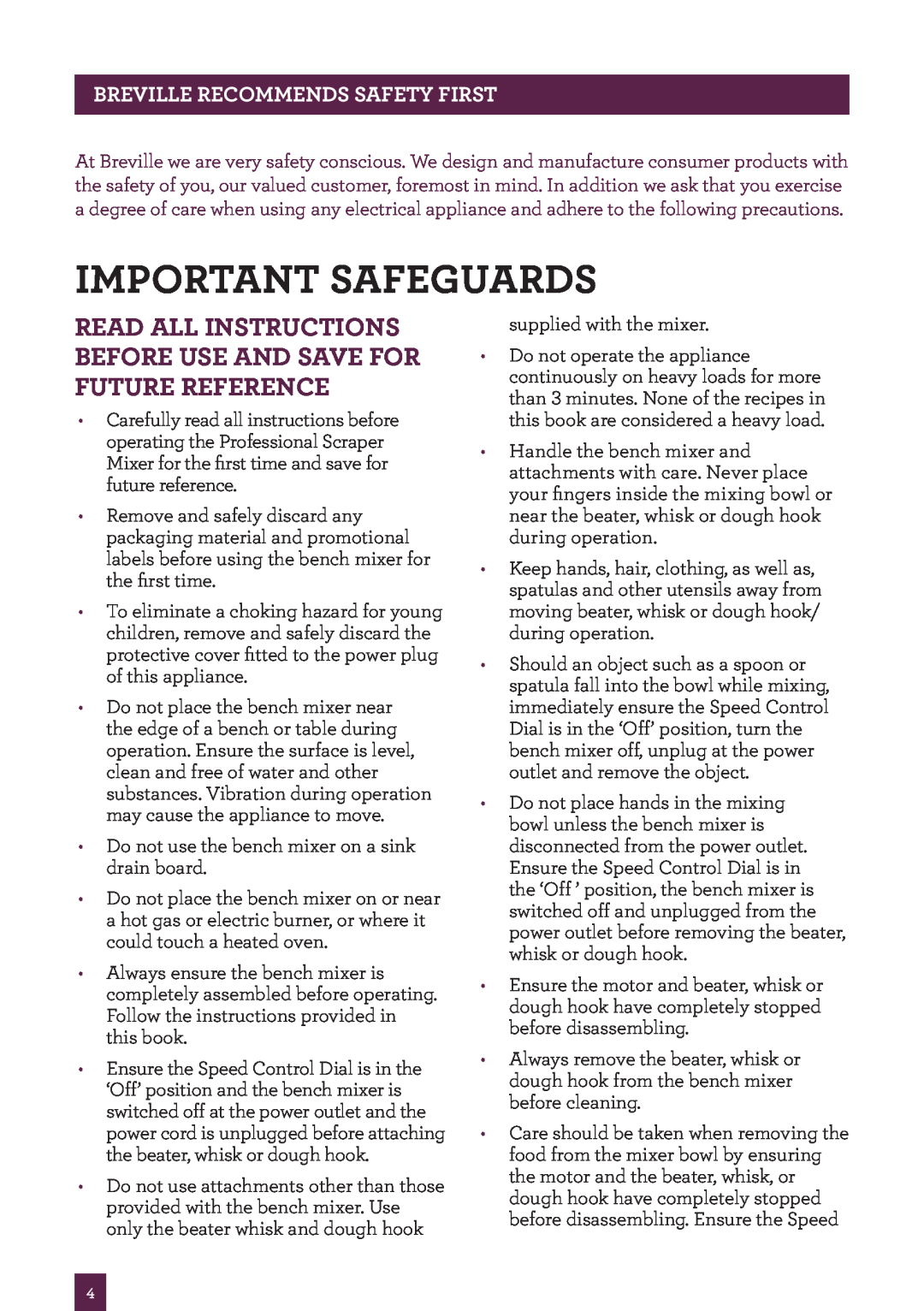 Breville BEM800 brochure Important safeguards, Breville recommends safety first 