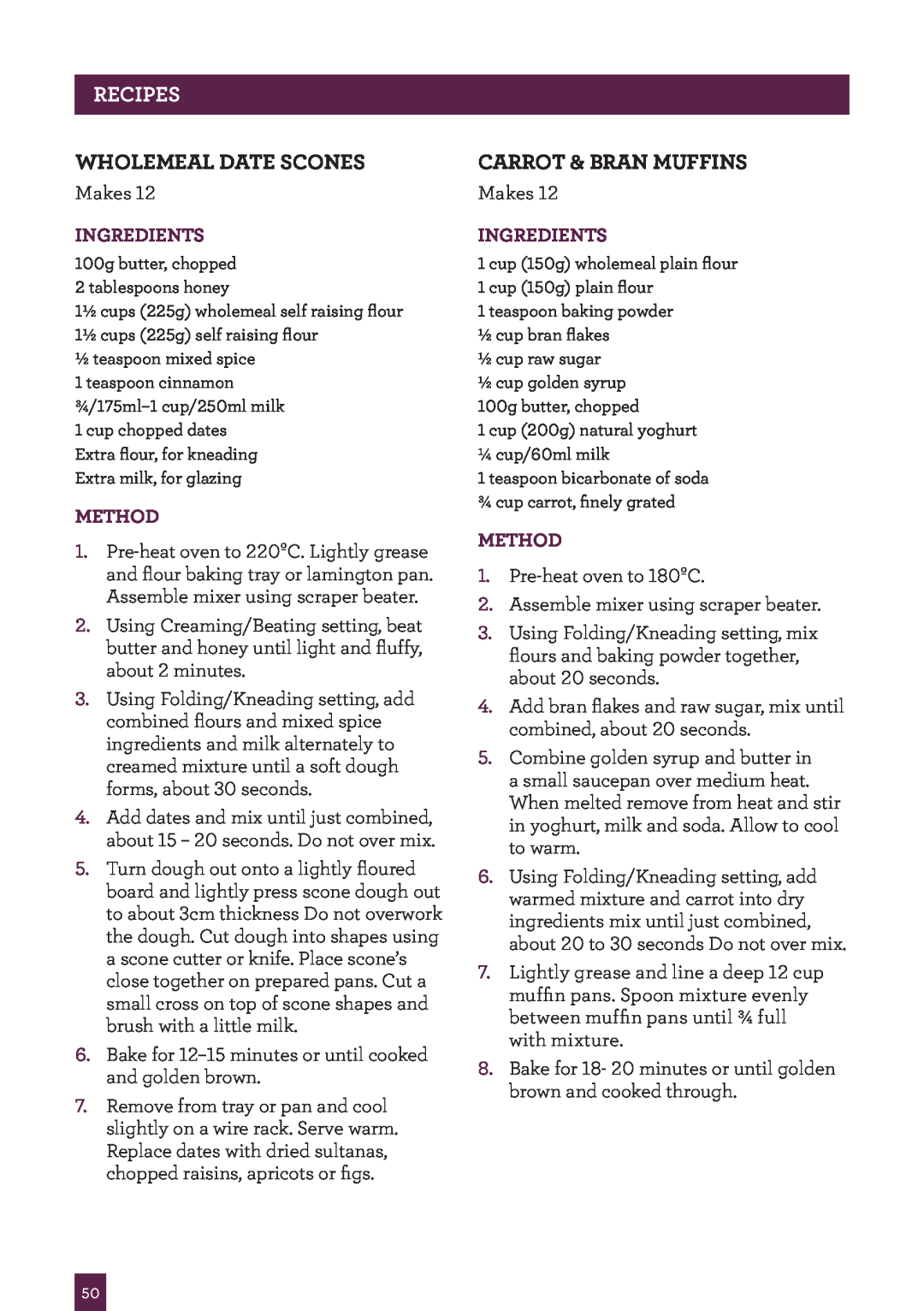Breville BEM800 brochure Wholemeal Date Scones, Carrot & Bran Muffins, Recipes, Ingredients, Method 