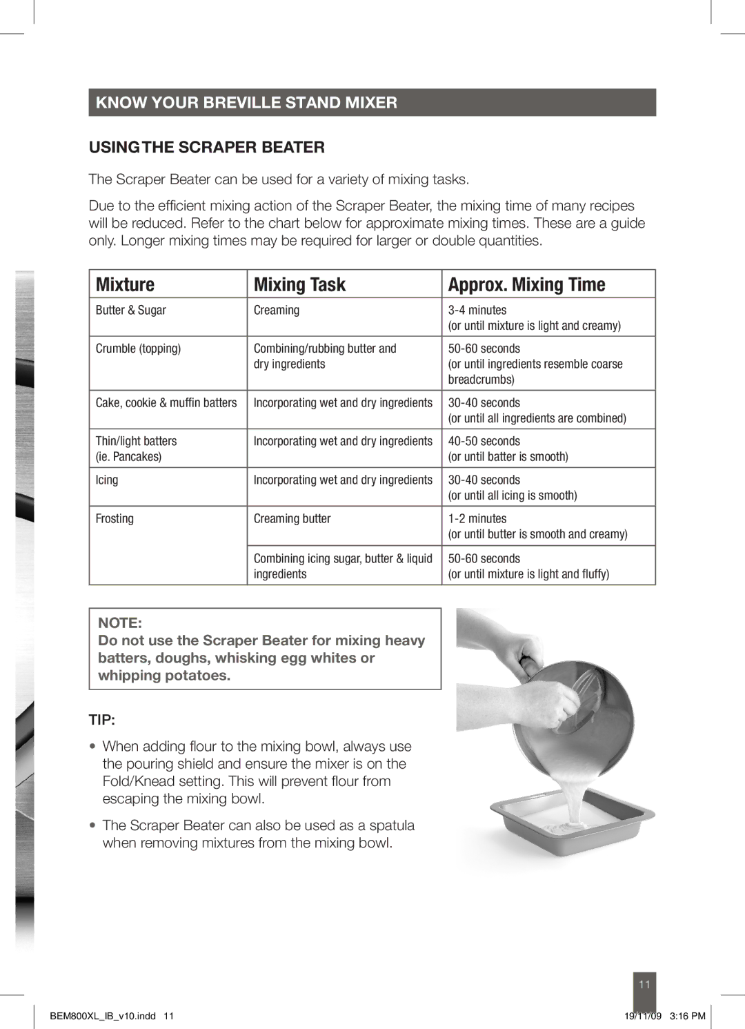 Breville BEM800XL manual Mixture Mixing Task Approx. Mixing Time 