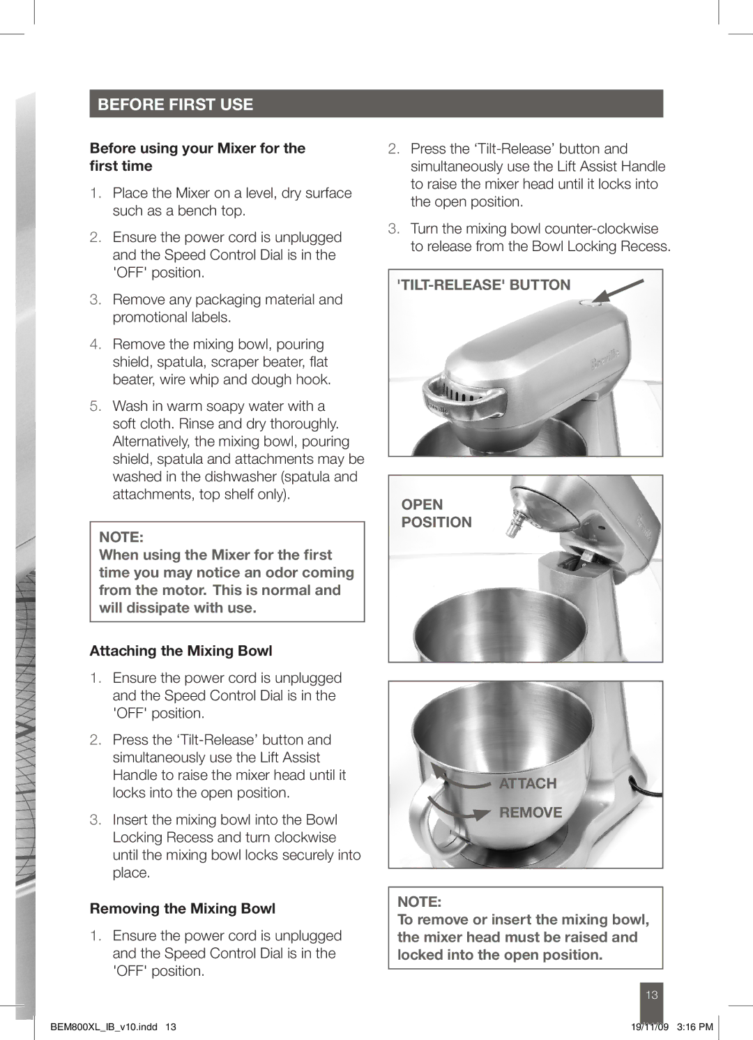 Breville BEM800XL manual Before First USE, Before using your Mixer for the first time, Attaching the Mixing Bowl 