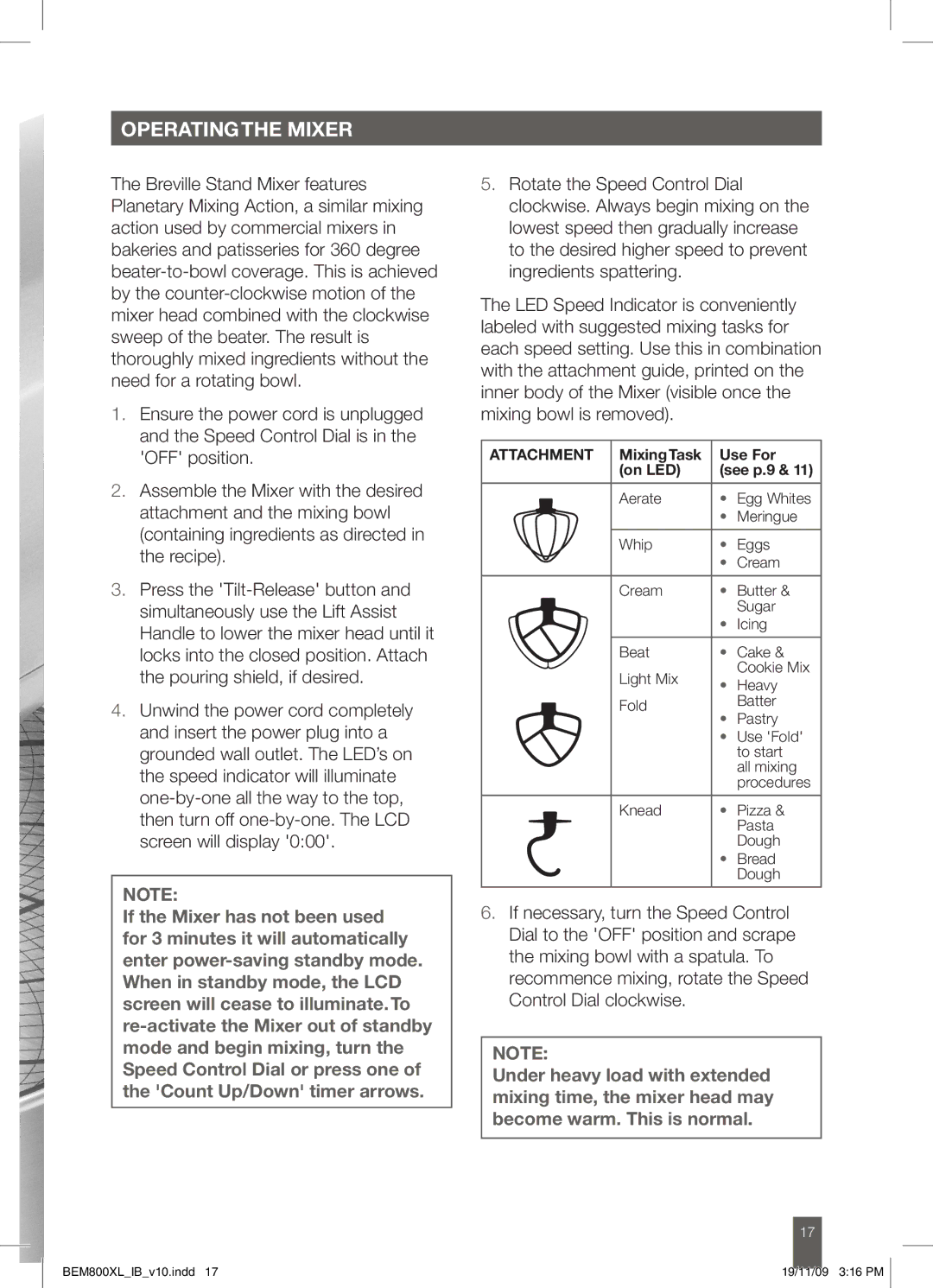 Breville BEM800XL manual Operatingthe Mixer 