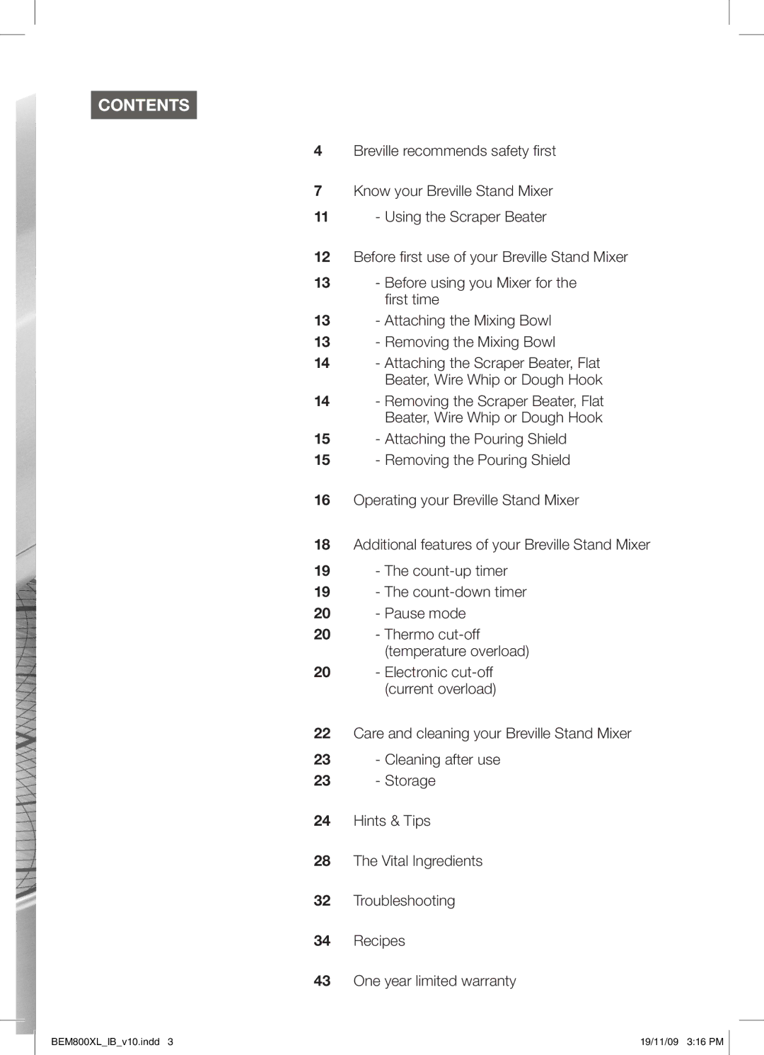 Breville BEM800XL manual Contents 