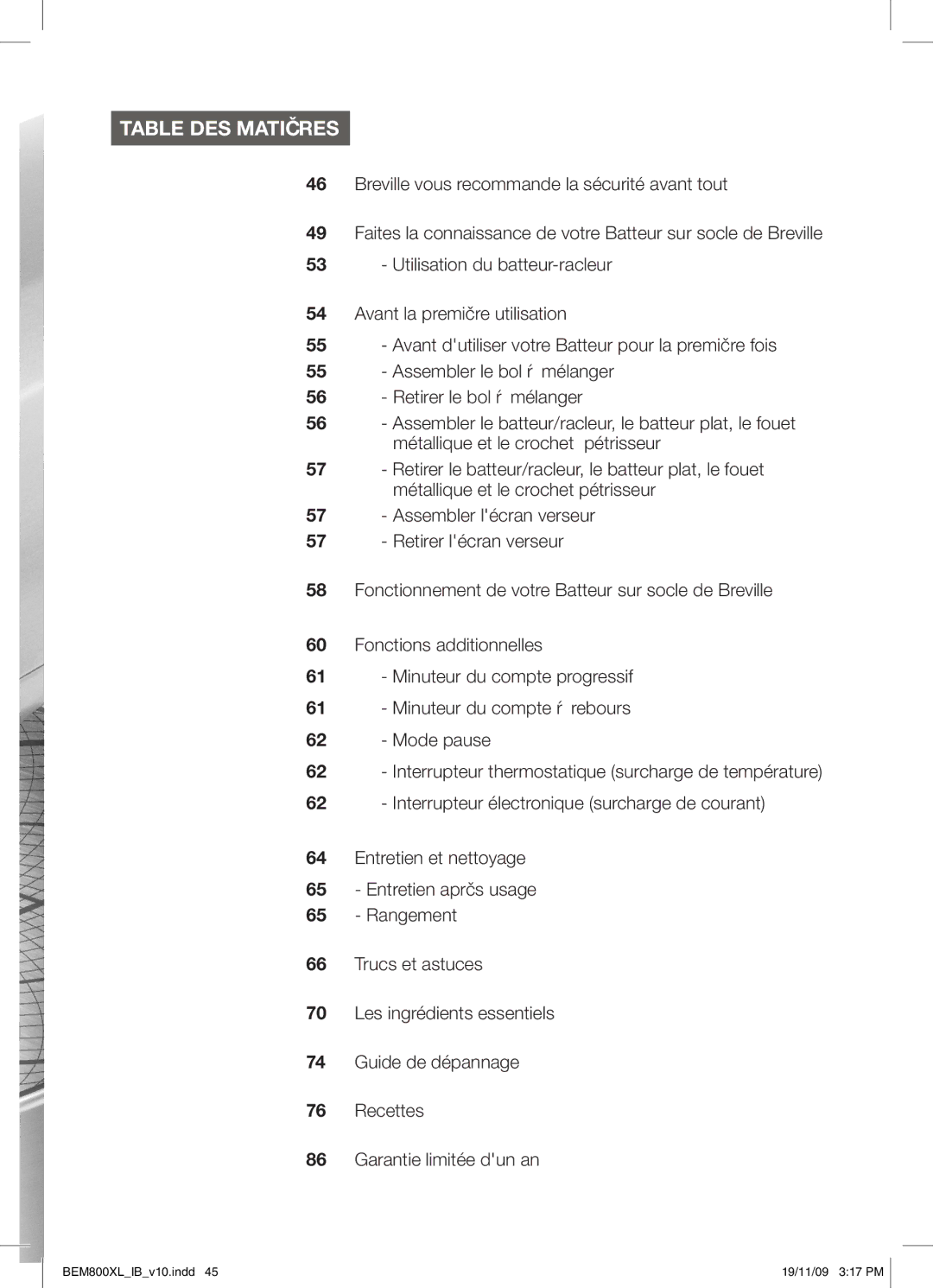 Breville BEM800XL manual Table DES Matières 