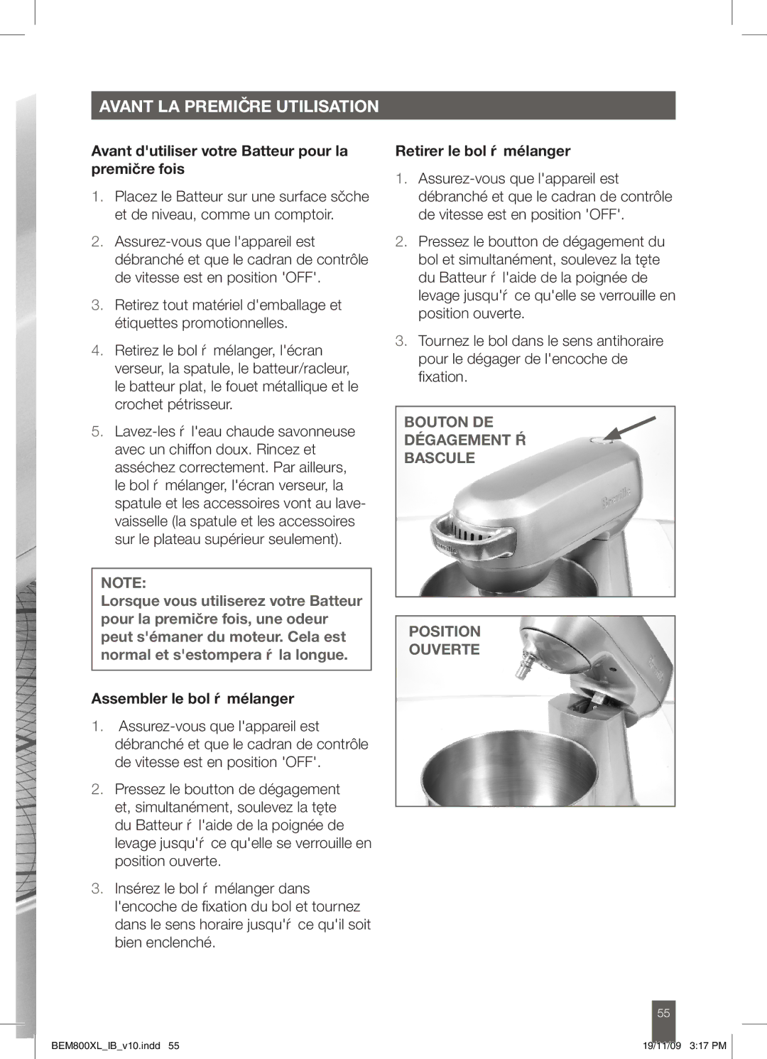 Breville BEM800XL manual Avant LA Première Utilisation, Avant dutiliser votre Batteur pour la première fois 