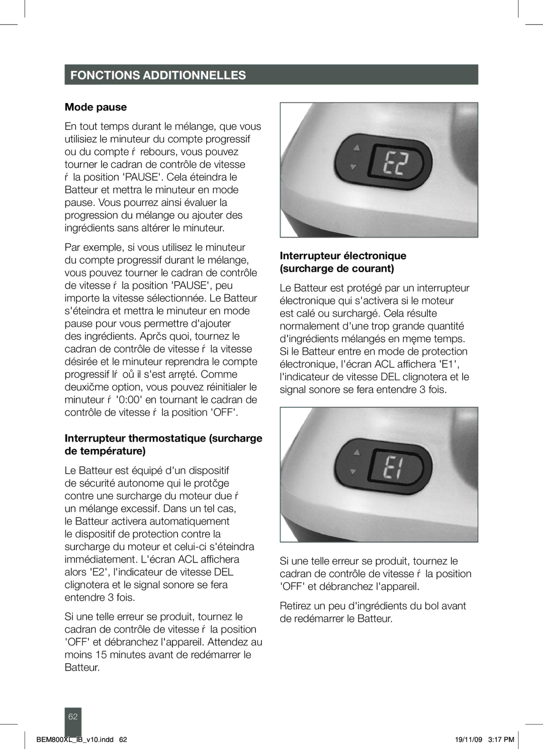 Breville BEM800XL manual Mode pause, Interrupteur thermostatique surcharge de température 