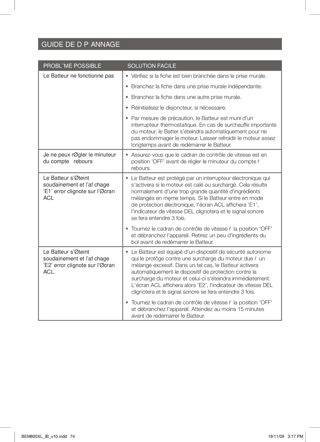 Breville BEM800XL manual Guide DE Dépannage, Problème Possible Solution Facile 