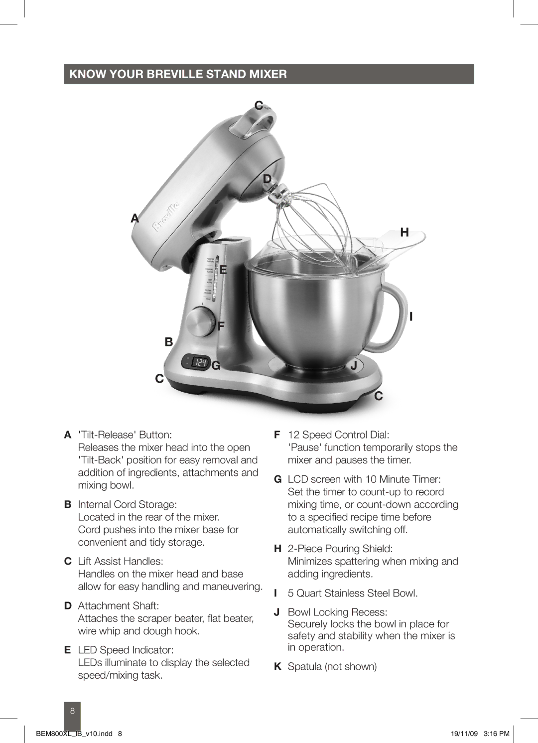 Breville BEM800XL manual Know your breville stand mixer 