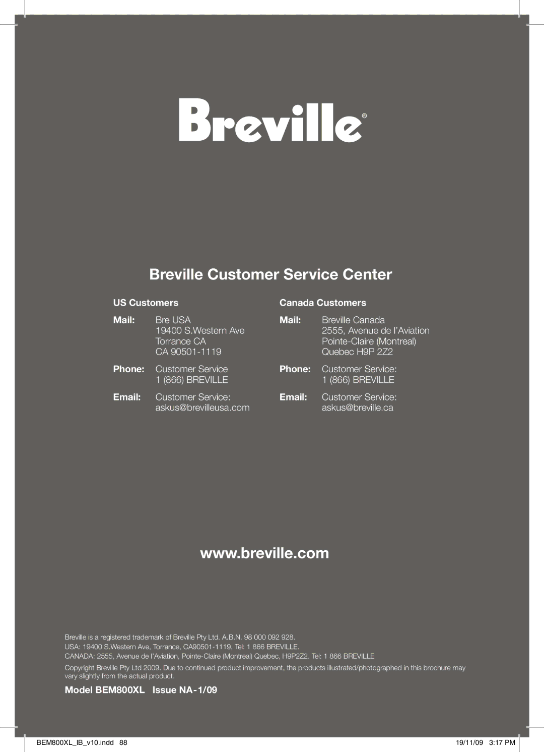 Breville BEM800XL manual Breville Customer Service Center 