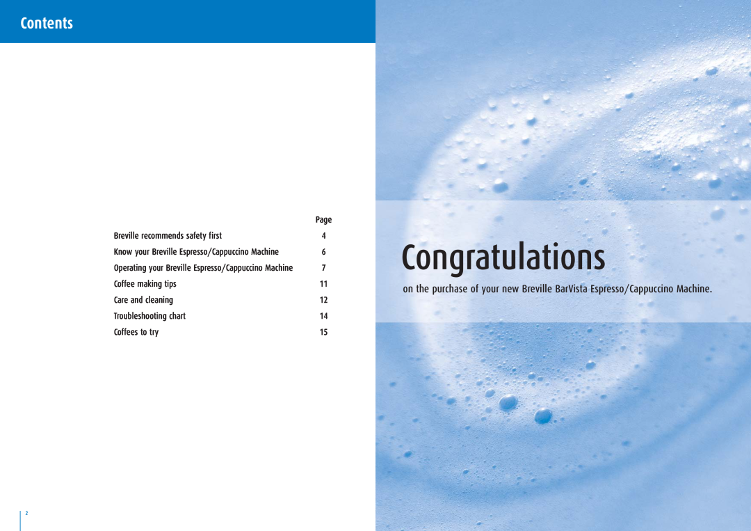 Breville BES200 manual Contents, Congratulations 