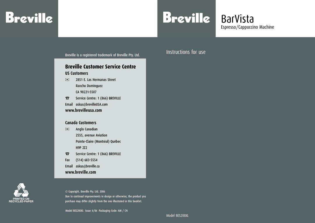 Breville BES200XL manual 2851 E. Las Hermanas Street Rancho Dominguez, 514 