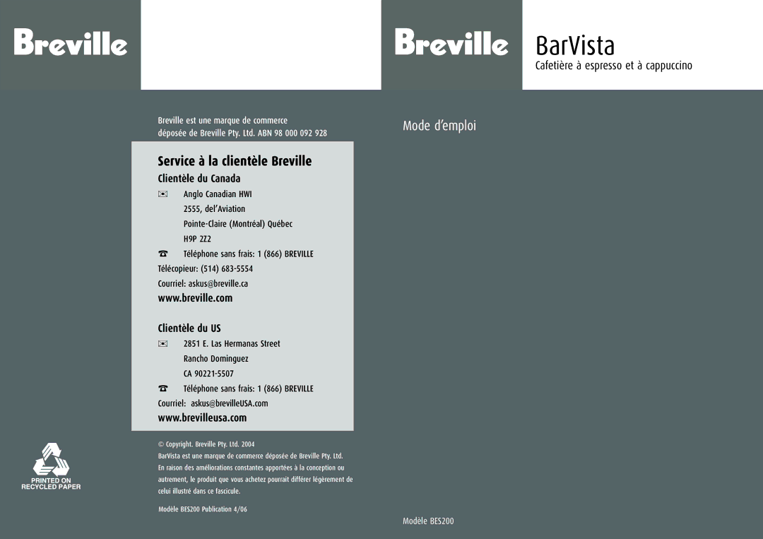 Breville BES200XL manual BarVista 