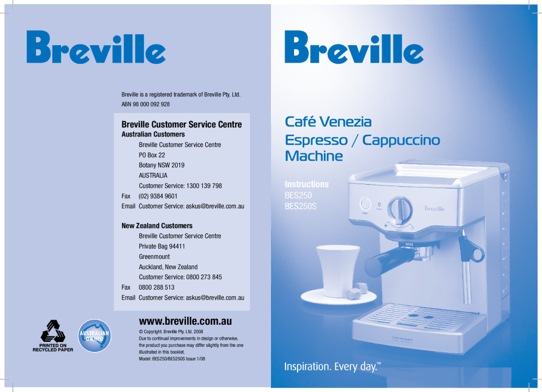 Breville BES250S manual Café Venezia Espresso / Cappuccino Machine 