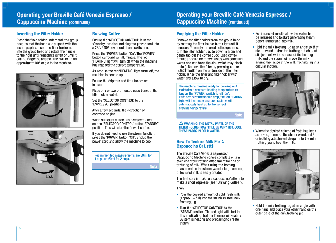 Breville BES250S manual Inserting the Filter Holder, Brewing Coffee, Emptying the Filter Holder, Lock 