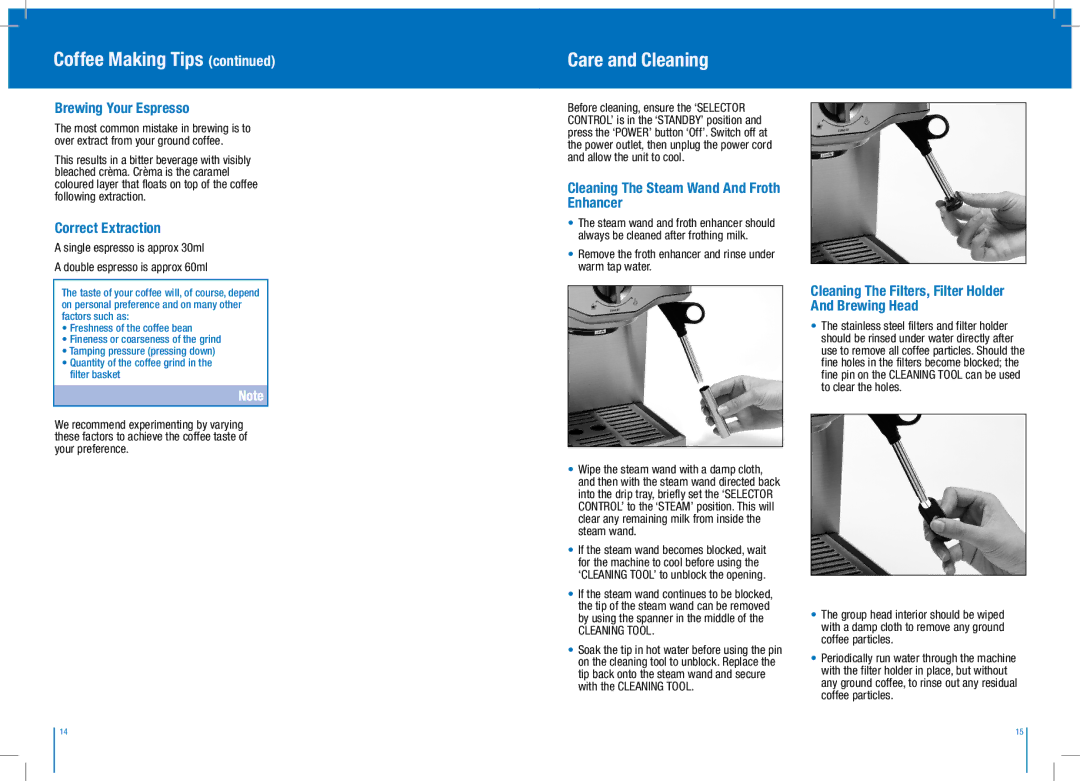 Breville BES250S Care and Cleaning, Brewing Your Espresso, Correct Extraction, Cleaning The Steam Wand And Froth Enhancer 