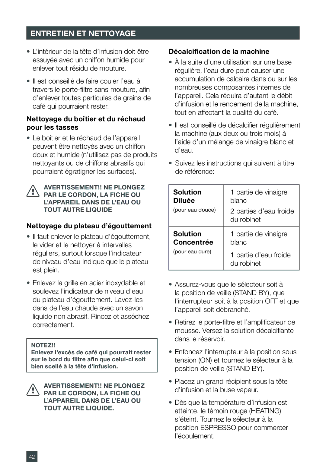 Breville BES250XL manual Nettoyage du boîtier et du réchaud pour les tasses, Nettoyage du plateau d’égouttement, Diluée 