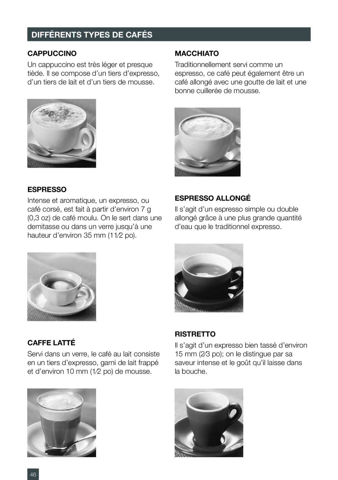 Breville BES250XL manual Différents Types DE Cafés, Espresso Allongé 