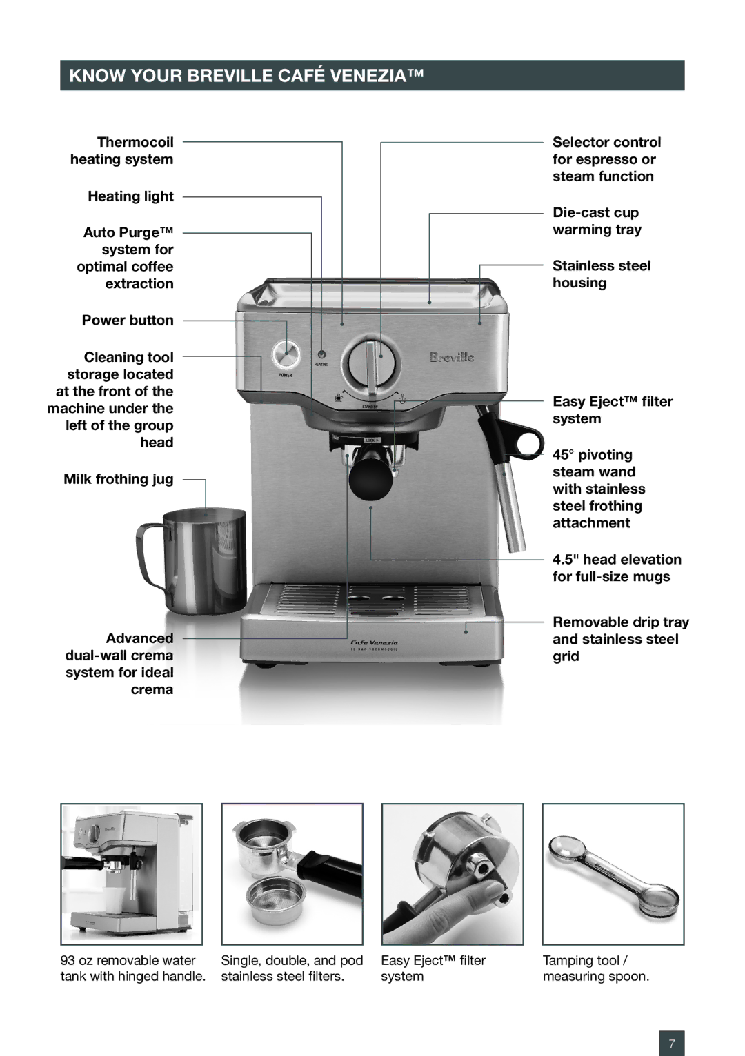 Breville BES250XL manual Know Your Breville Café Venezia, Stainless steel housing Easy Eject filter system 