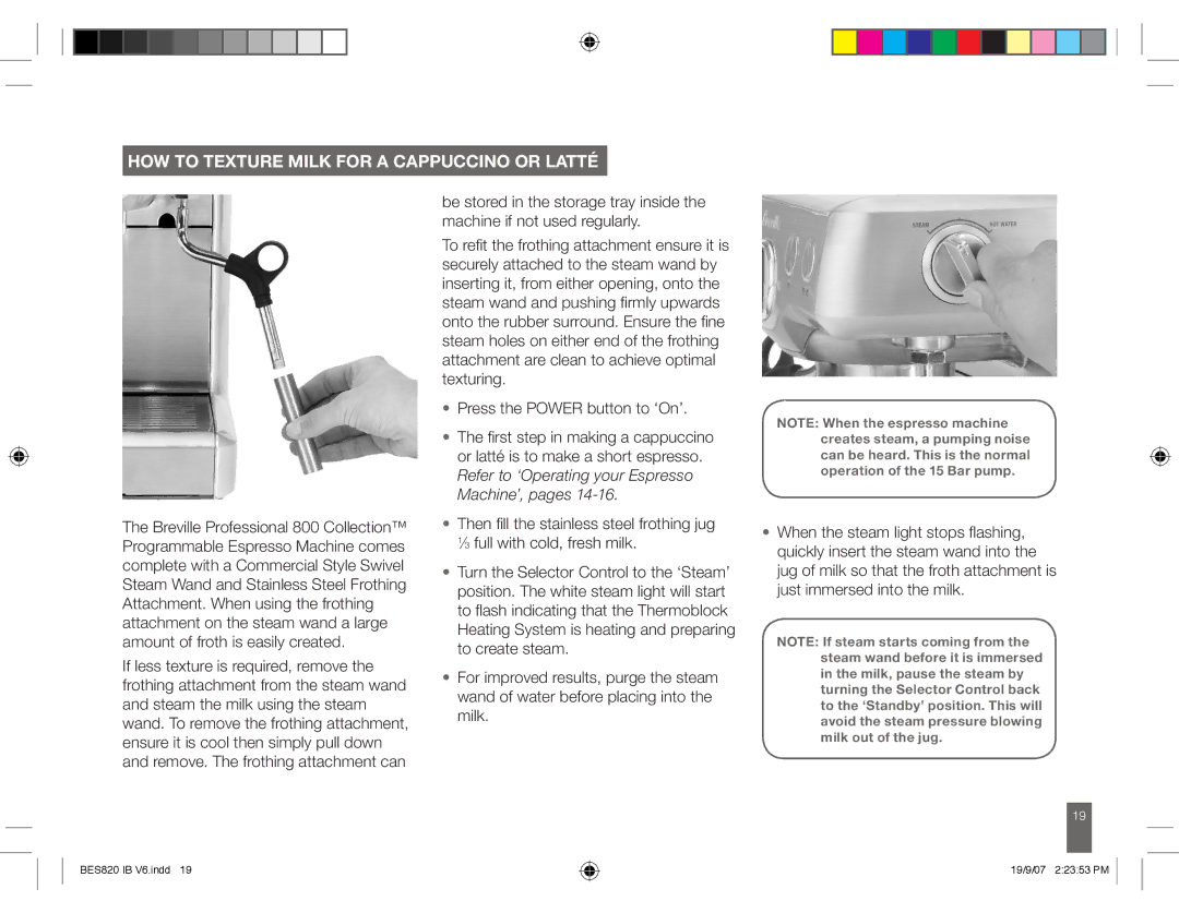 Breville BES820 manual HOW to Texture Milk for a Cappuccino or Latté 