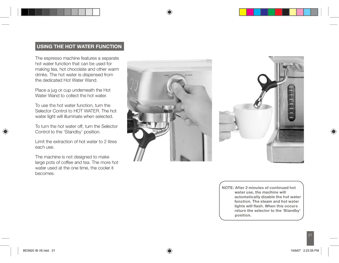 Breville BES820 manual Using the HOT Water Function 