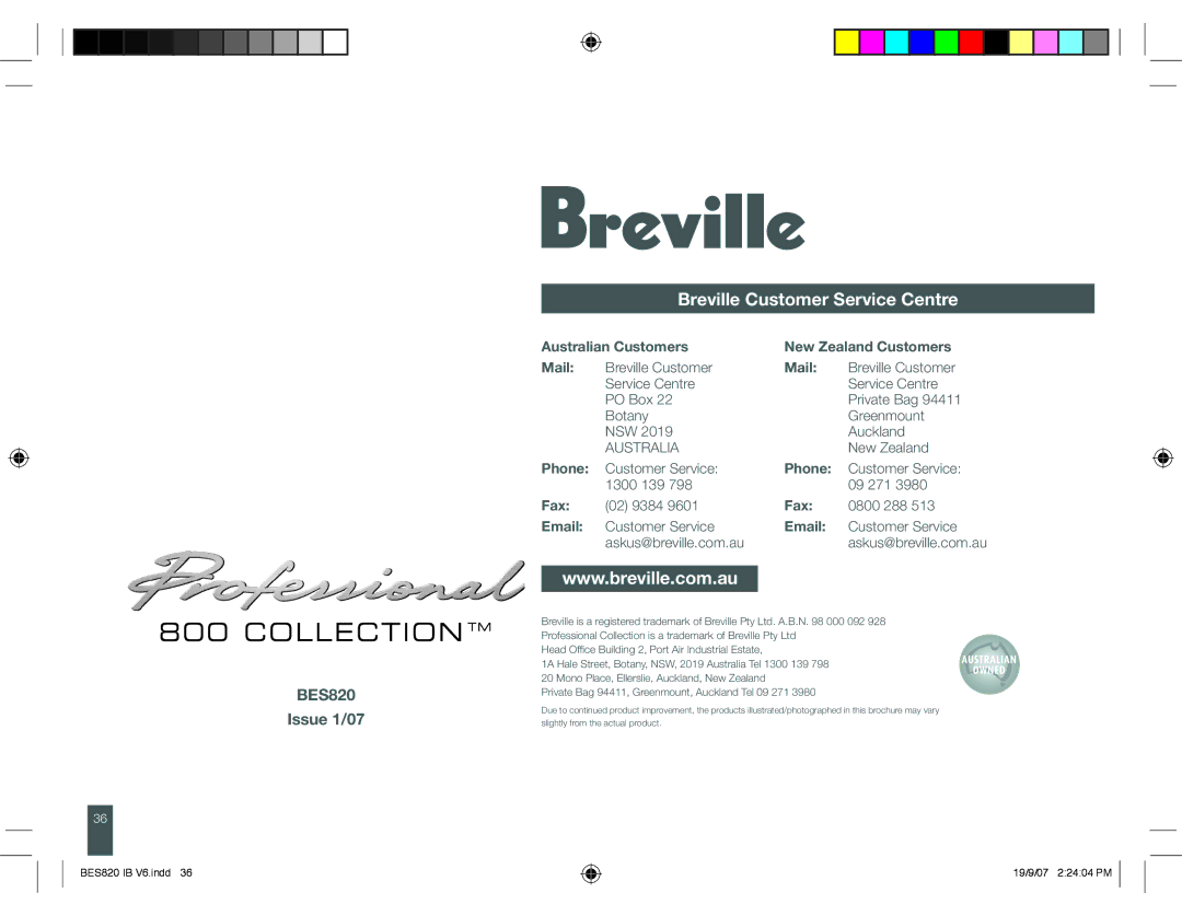 Breville BES820 manual Breville Customer Service Centre 