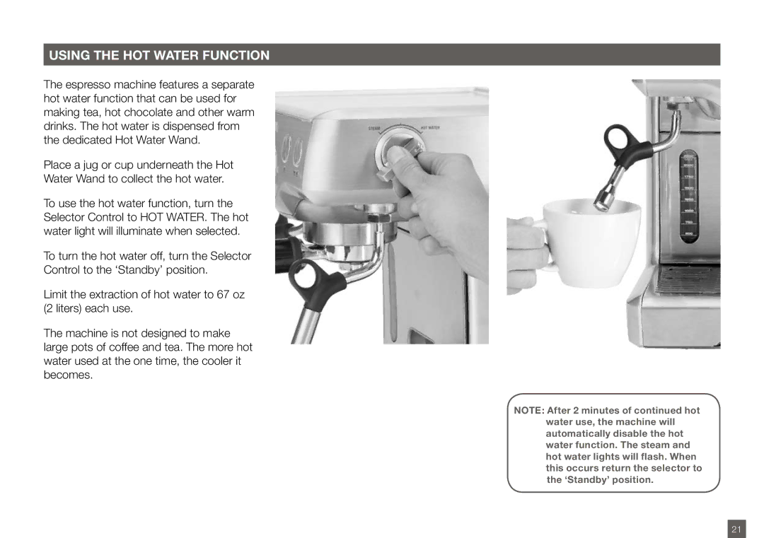 Breville BES820XL manual Using the HOT Water Function 