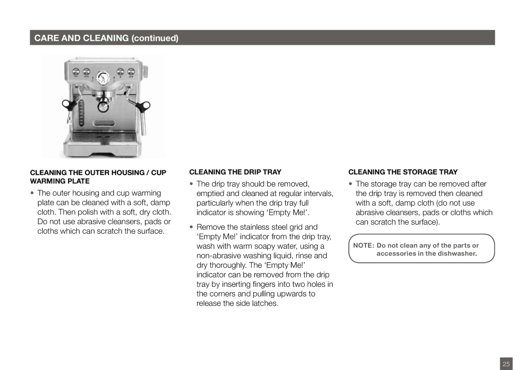 Breville BES820XL manual Care and Cleaning, Cleaning the Outer Housing / Cup Warming Plate, Cleaning the Drip Tray 